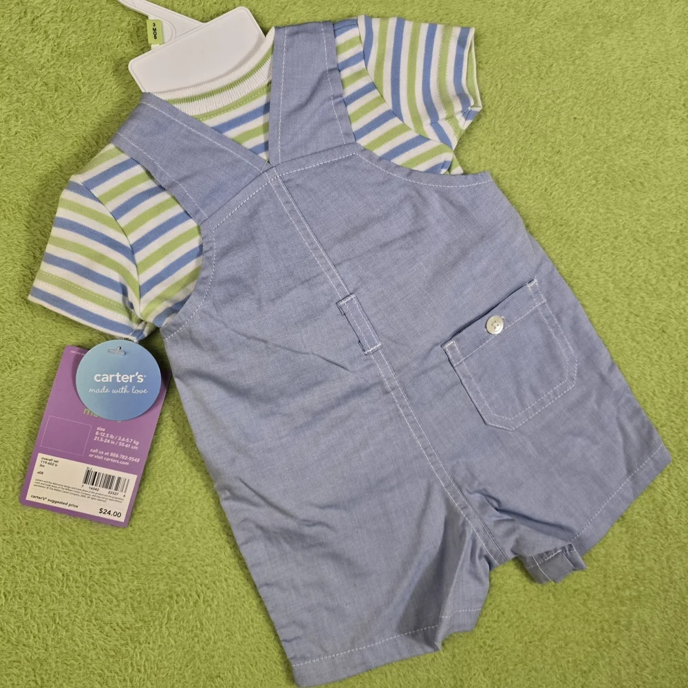 NWT 6-9M Baby BOYS OVERALLS + TEE SHIRT Carter's Blue + Green Frog 2P Set (Q2)